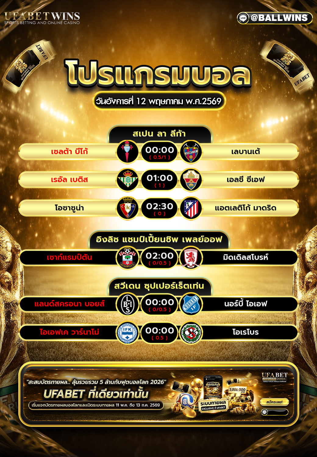 โปรแกรมบอลวันนี้ 12 พ.ค. 2569 รวมคู่เด็ด ลา ลีก้า อังกฤษ และสวีเดน