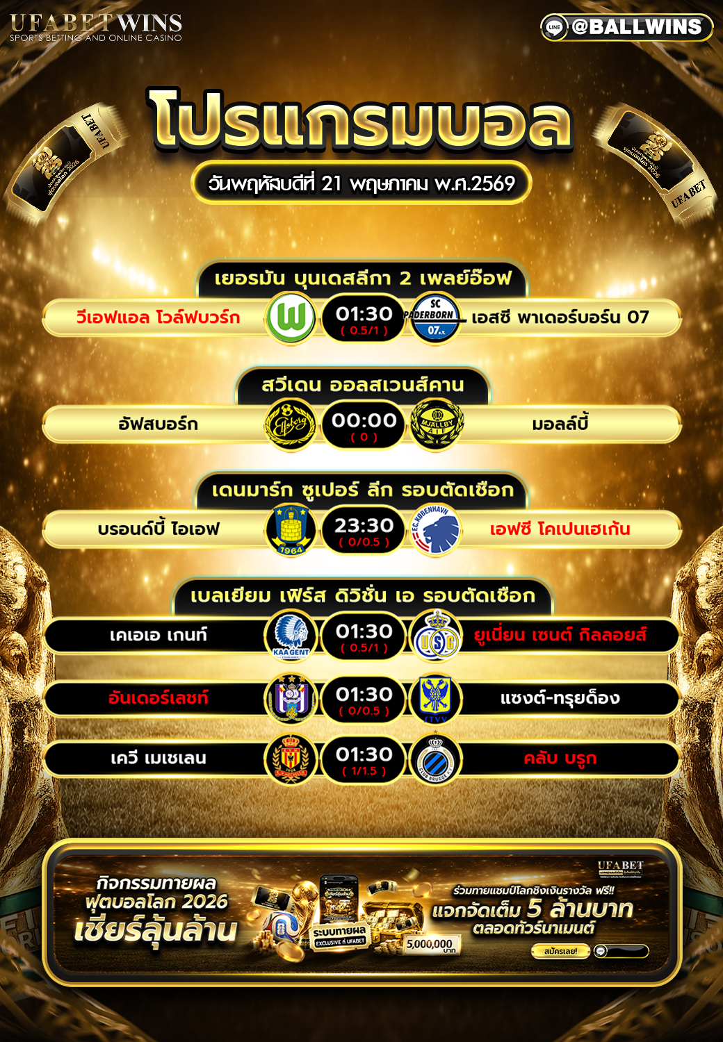 โปรแกรมบอล วันนี้ 21 พ.ค. 2569 ตารางบอลยุโรปพร้อมเวลาแข่งขัน