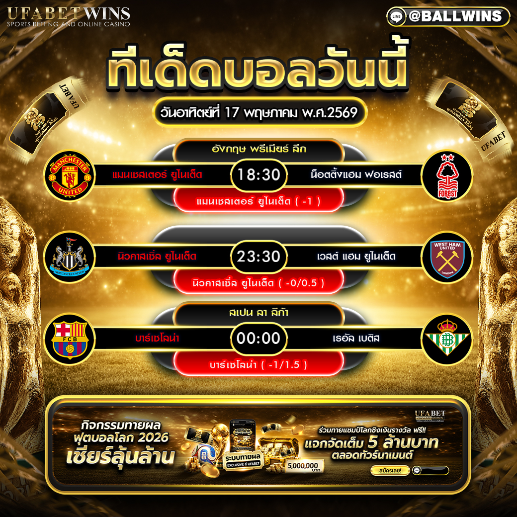 วิเคราะห์บอล วันนี้ 17 พ.ค. 2569 พรีเมียร์ลีก ลา ลีก้า ทีเด็ดครบ