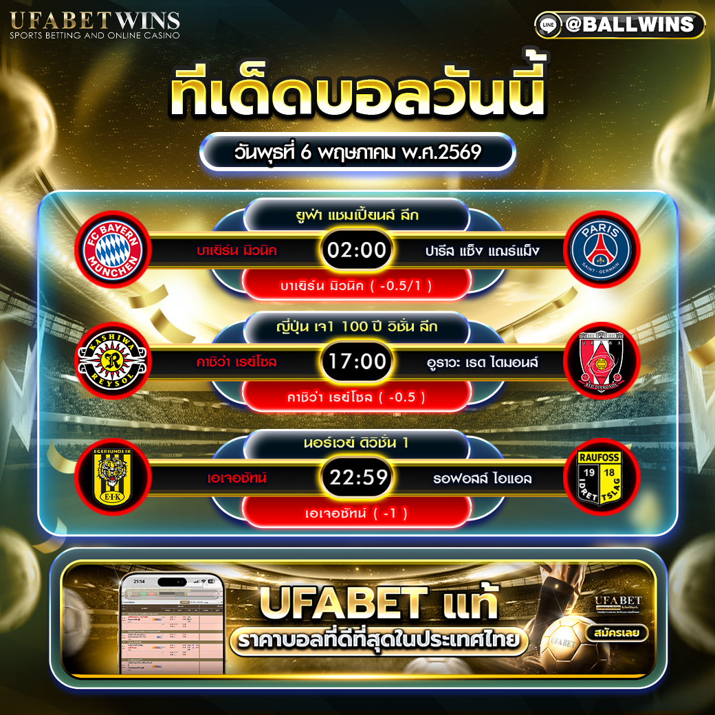 วิเคราะห์บอล วันนี้ 6 พ.ค. 2569 ทีเด็ดบอล 3 คู่เด่น พร้อมอัตราต่อรอง