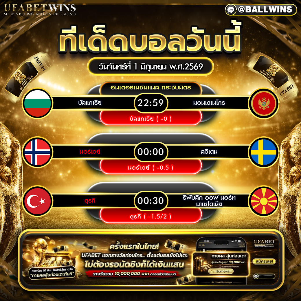 วิเคราะห์บอล วันนี้ 1 มิ.ย. 2569 ทีเด็ดบอลกระชับมิตรทีมชาติ บัลแกเรีย นอร์เวย์ ตุรกี