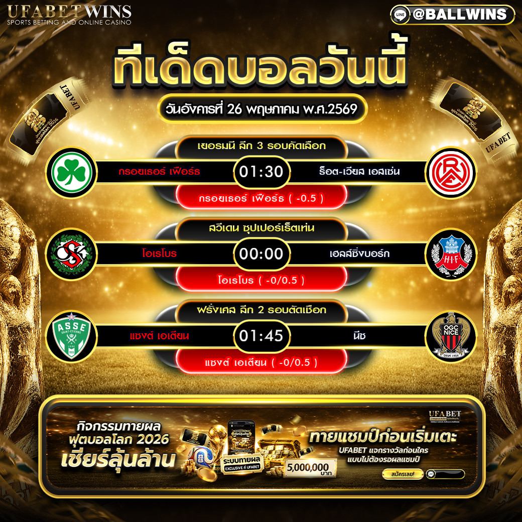 วิเคราะห์บอล วันที่ 26 พ.ค. 2569 ทีเด็ดบอลคืนนี้พร้อมราคาบอล