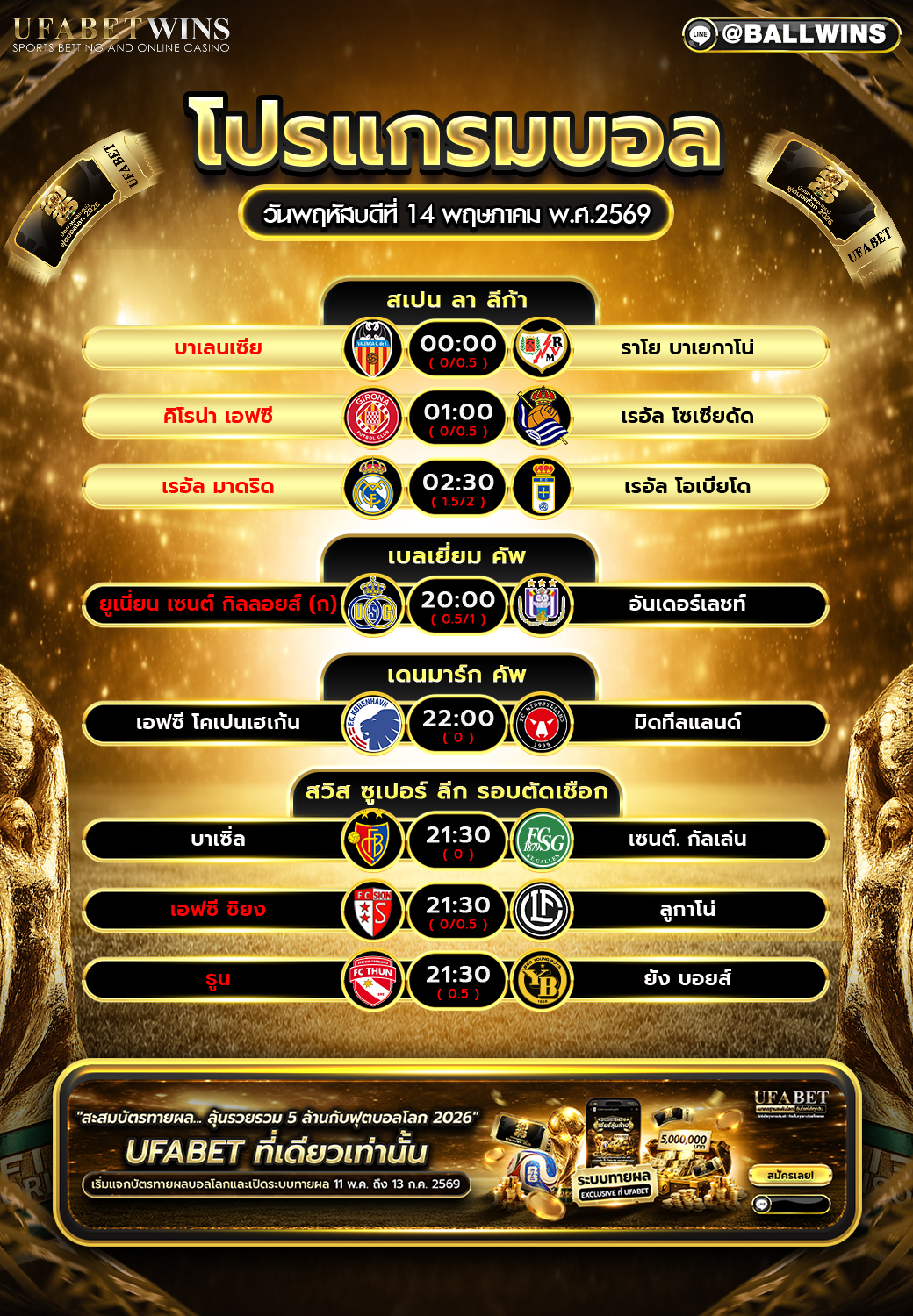 โปรแกรมบอลวันนี้ 14 พฤษภาคม 2569 ลาลีกา บอลถ้วยยุโรป ครบทุกเวลา