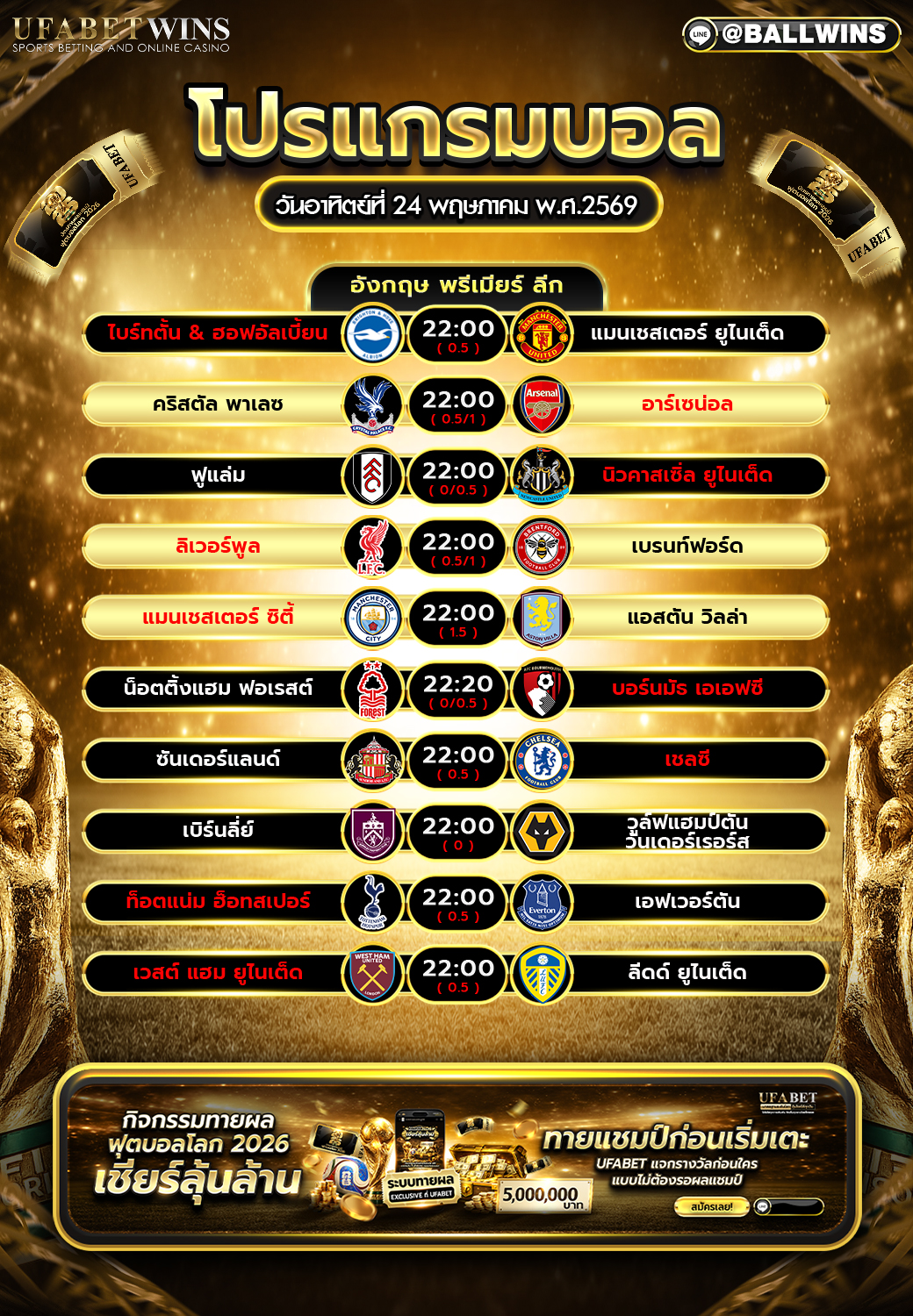 โปรแกรมบอล วันนี้ 24 พ.ค. 2569 พรีเมียร์ลีกอังกฤษ ตารางบอลครบทุกคู่