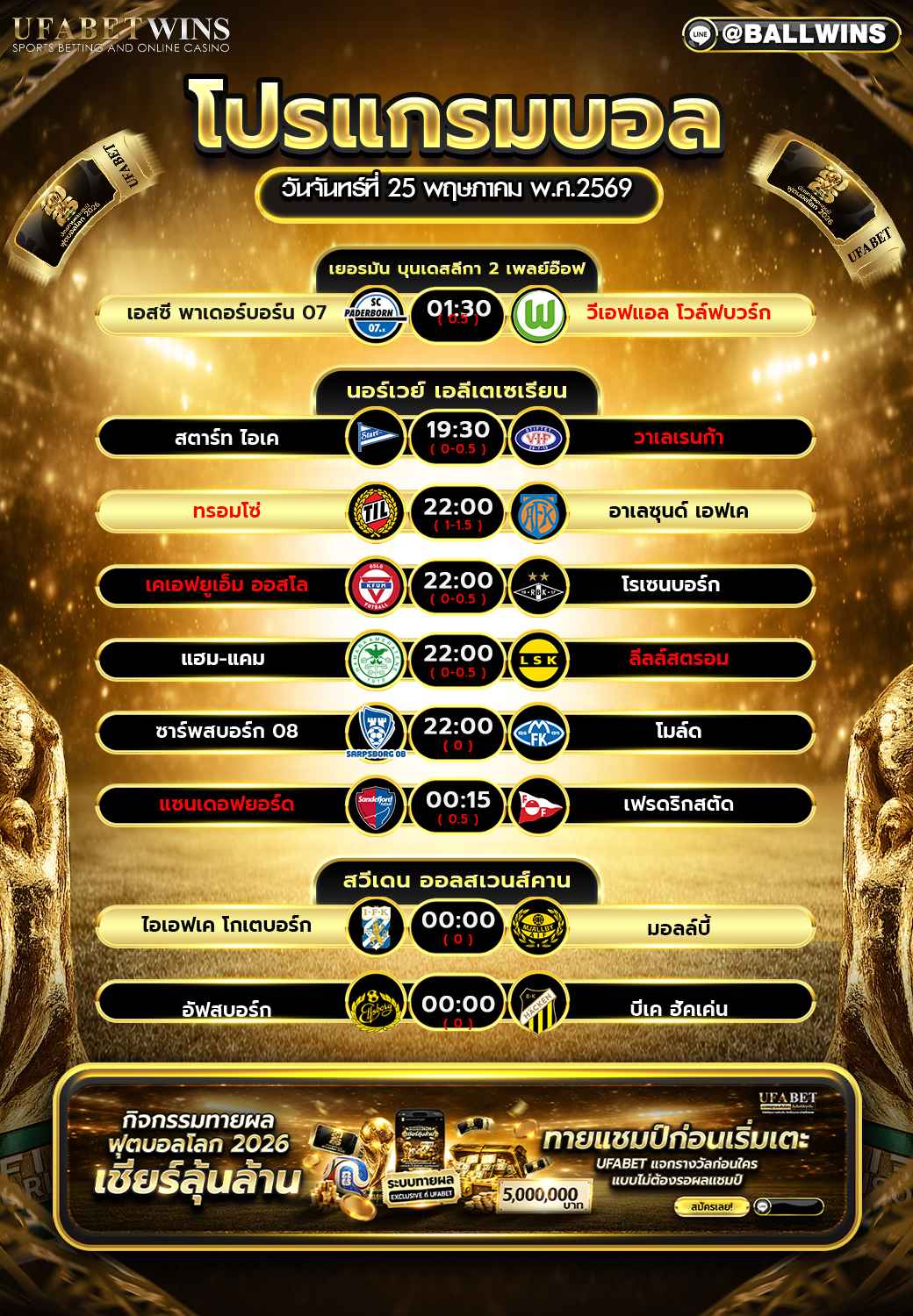 โปรแกรมบอล วันนี้ 25 พ.ค. 2569 ตารางบอลครบทุกลีก