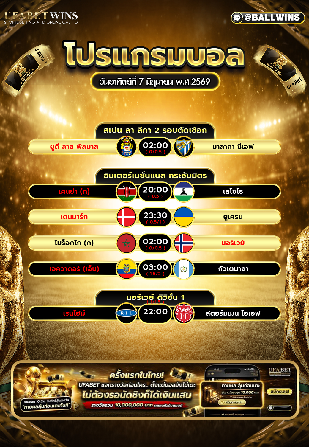 โปรแกรมบอล วันที่ 7 พ.ค. 2569 ตารางบอลวันนี้ครบทุกคู่ พร้อมเวลาแข่งขัน