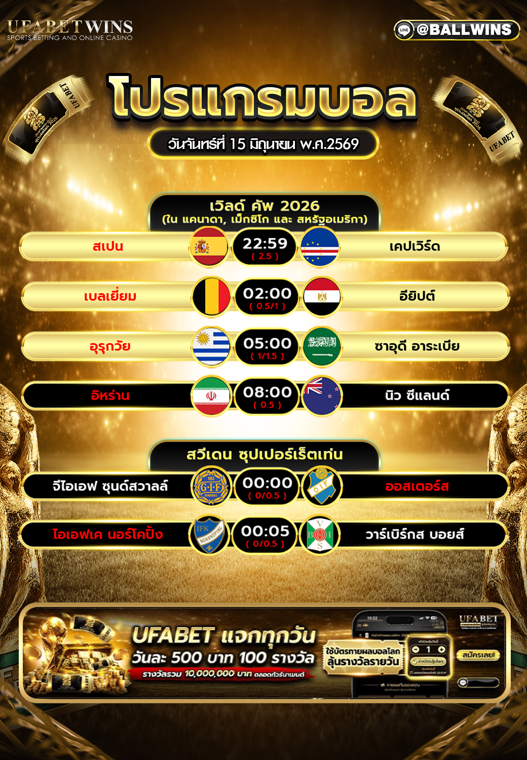 โปรแกรมบอล วันนี้ 15 มิถุนายน 2569