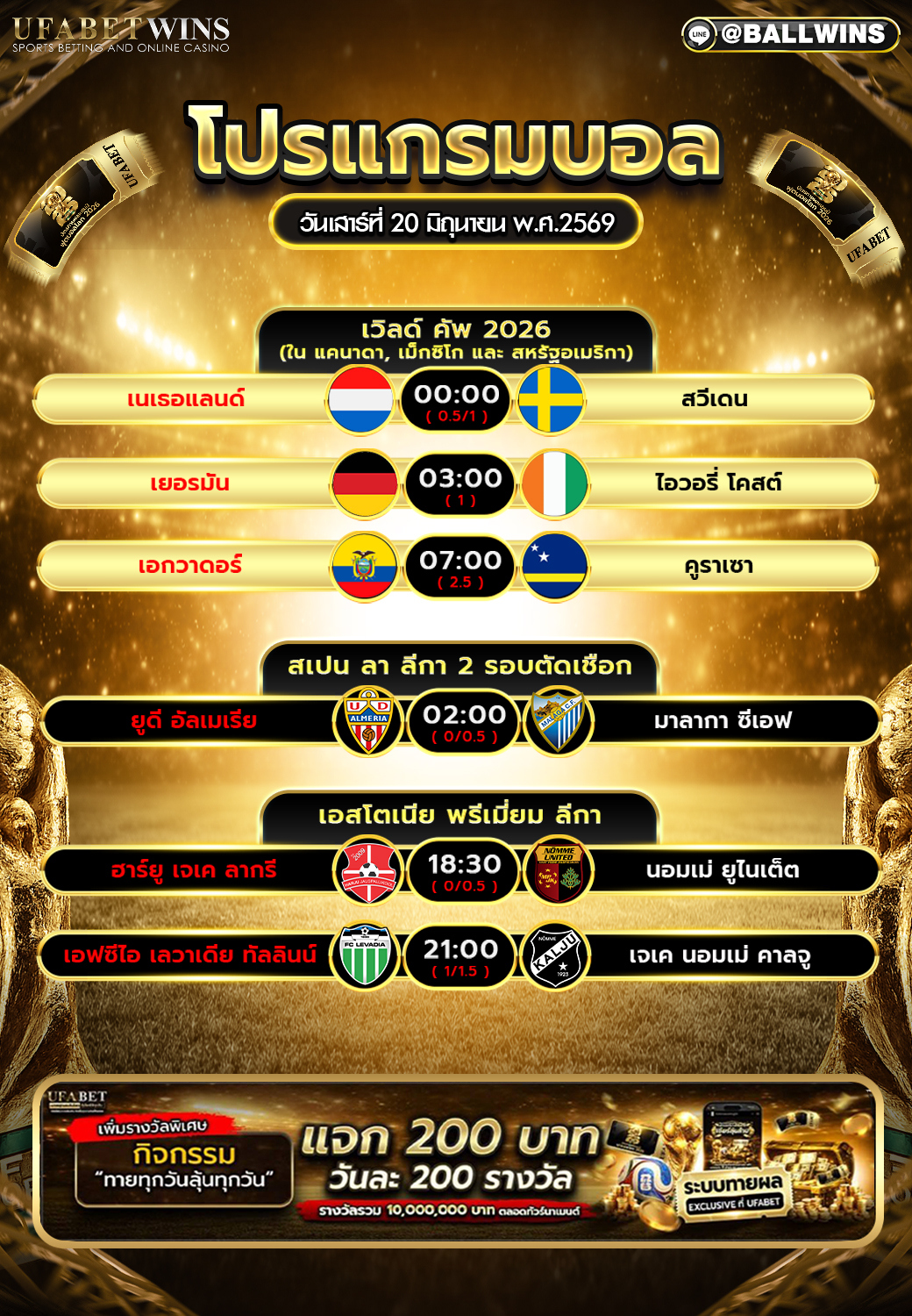 โปรแกรมบอล วันที่ 20 มิ.ย. 2569 ตารางบอลวันนี้ครบทุกคู่ พร้อมเวลาแข่งขัน